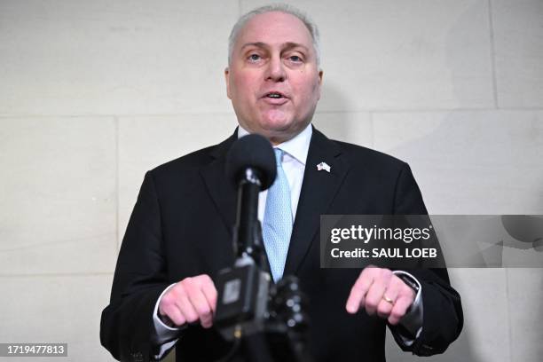 House Majority Leader Steve Scalise speaks to reporters after a closed-door vote meeting to nominate the US Speaker of the House candidate at the US...