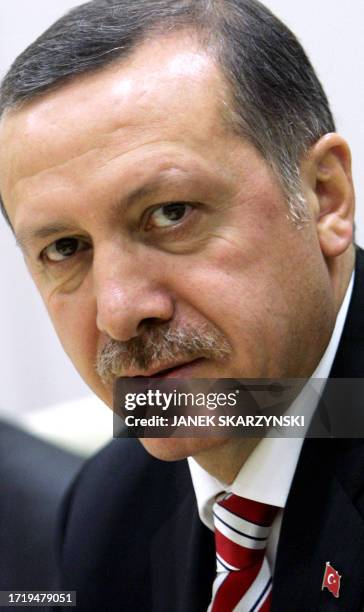 Turkish Prime Minister Recep Tayyip Erdogan poses prior to bilateral talks with Latvian President Vaira Vike-Freiberga at the end of the Nato Summit...