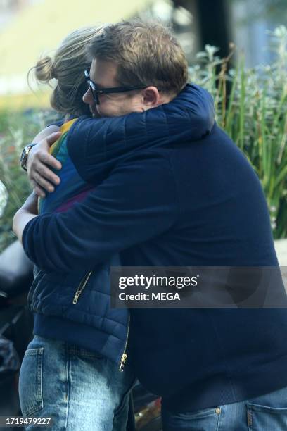 James Corden and Julia Carey are seen on October 9, 2023 in London, United Kingdom.