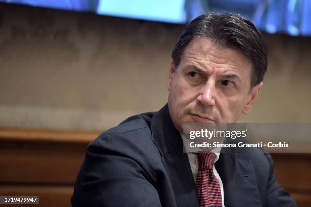 Giuseppe Conte President of the 5 Star Movement and former Prime Minister participates in a press conference to present the parliamentary intergroup...