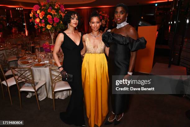 Nathalie Emmanuel, Gugu Mbatha-Raw and Lashana Lynch attend the Bulgari High Jewellery Gala at the Bulgari Hotel on October 11, 2023 in London,...