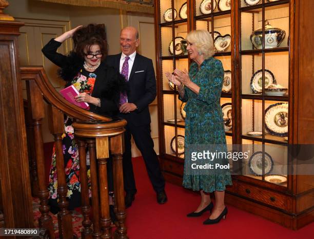 Helena Bonham Carter, William Sieghart founder and CEO of the Forward Arts Foundation and Queen Camilla during a reception celebrating 30 years of...