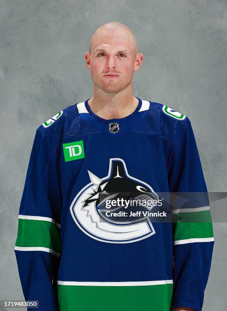 Sam Lafferty of the Vancouver Canucks poses for his official NHL headshot before their NHL game at Rogers Arena October 11, 2023 in Vancouver,...