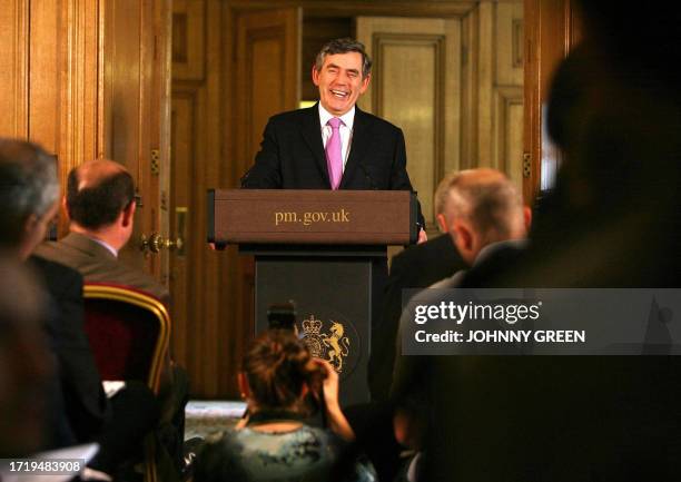 Britain's Prime Minister Gordon Brown speaks during his first monthly press conference as Prime Minister at 10 Downing Street in London, 23 July...