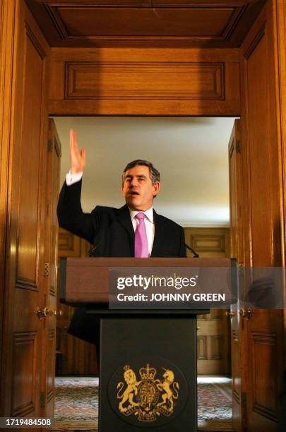 Britain's Prime Minister Gordon Brown speaks during his first monthly press conference as Prime Minister at 10 Downing Street in London, 23 July...