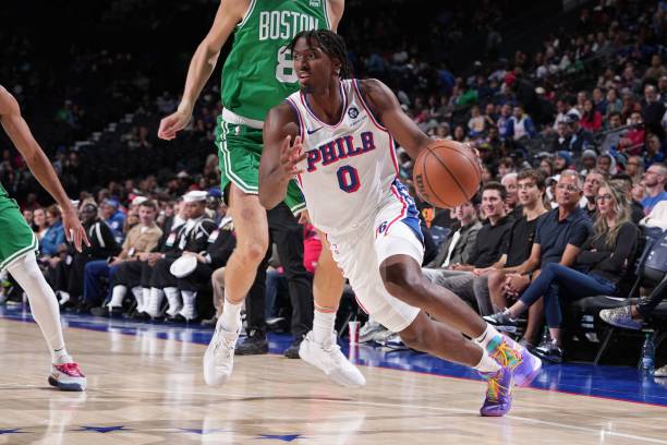 Tyrese Maxey of the Philadelphia 76ers dribbles the ball during the game against the Boston Celtics on October 11, 2023 at the Wells Fargo Center in...