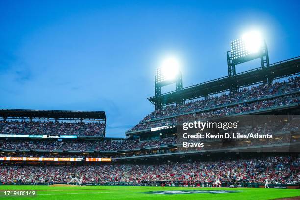 General view as Michael Tonkin of the Atlanta Braves pitches to Brandon Marsh of the Philadelphia Phillies during the fourth inning in Game Three of...