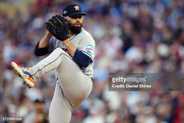 José Urquidy of the Houston Astros pitches in the first inning during Game 4 of the Division Series between the Houston Astros and the Minnesota...