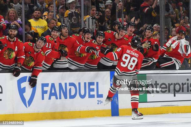 Connor Bedard of the Chicago Blackhawks celebrates his first NHL goal against the Boston Bruins in the season opener on October 11, 2023 at the TD...