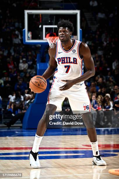 Mo Bamba of the Philadelphia 76ers dribbles the ball during the game against the Boston Celtics on October 11, 2023 at the Wells Fargo Center in...