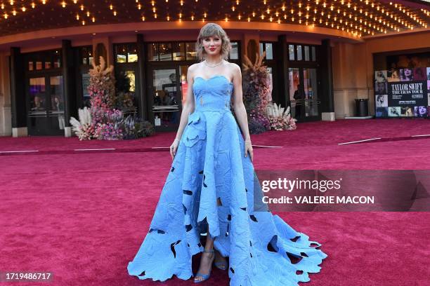 Singer Taylor Swift arrives for the "Taylor Swift: The Eras Tour" concert movie world premiere at AMC The Grove in Los Angeles, California on October...