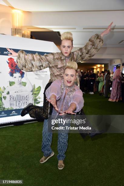 John Grimes and Edward Grimes of the UK music duo Jedward attend the "Falling in love" grand show premiere at Friedrichstadt-Palast on October 11,...
