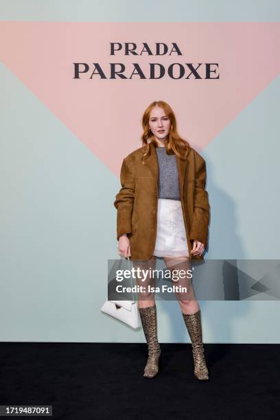 German actress Gina Stiebitz attends the Prada Paradoxe Anniversary & Launch Event In Duesseldorf on October 11, 2023 in Duesseldorf, Germany.