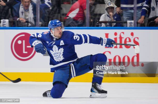 Auston Matthews of the Toronto Maple Leafs celebrates his goal in the second period against the Montreal Canadiens at the Scotiabank Arena on October...