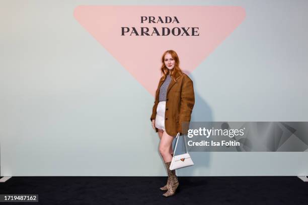 German actress Gina Stiebitz attends the Prada Paradoxe Anniversary & Launch Event In Duesseldorf on October 11, 2023 in Duesseldorf, Germany.
