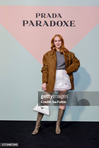 German actress Gina Stiebitz attends the Prada Paradoxe Anniversary & Launch Event In Duesseldorf on October 11, 2023 in Duesseldorf, Germany.