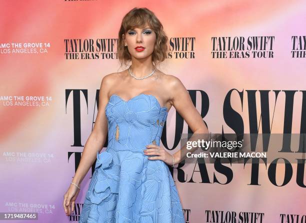 Singer Taylor Swift arrives for the "Taylor Swift: The Eras Tour" concert movie world premiere at AMC The Grove in Los Angeles, California on October...