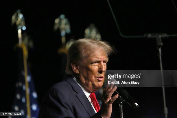 Former U.S. President Donald Trump delivers remarks at a rally hosted by Club 47 USA at the Palm Beach County Convention Center on October 11, 2023...