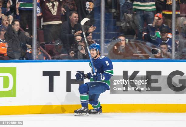Conor Garland of the Vancouver Canucks celebrates his goal during the first period of their NHL game against the the Edmonton Oilers at Rogers Arena...