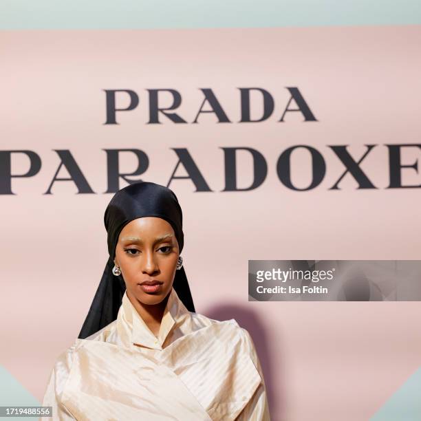 Influencer Hodan Yousuf attends the Prada Paradoxe Anniversary & Launch Event In Duesseldorf on October 11, 2023 in Duesseldorf, Germany.