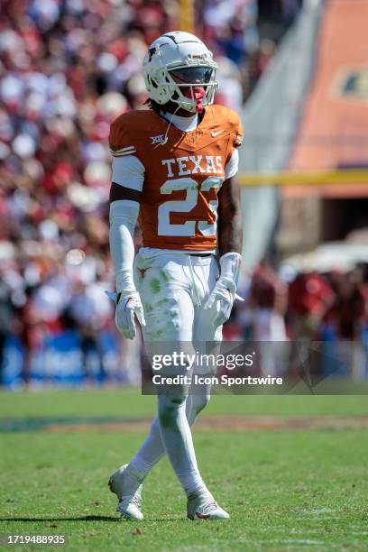 Texas Longhorns defensive back Jahdae Barron on the field between plays against the Oklahoma Sooners on October 7th, 2023 at Cotton Bowl Stadium in...