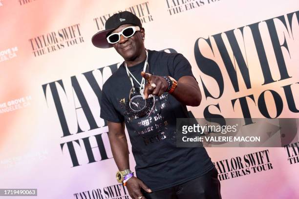 Rapper Flavor Flav arrives for the "Taylor Swift: The Eras Tour" concert movie world premiere at AMC The Grove in Los Angeles, California on October...