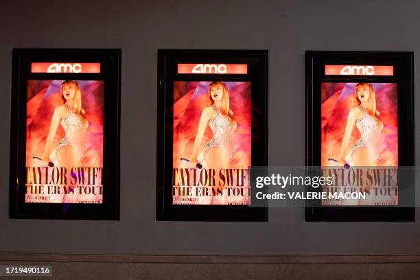 Displays and signage are pictured during the "Taylor Swift: The Eras Tour" concert movie world premiere at AMC The Grove in Los Angeles, California...