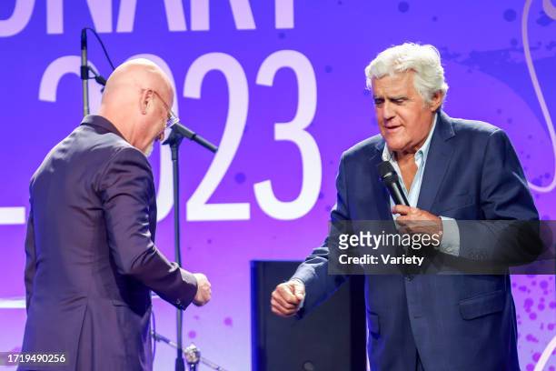Howie Mandel and Jay Leno onstage at the The UCLA Department of Neurosurgery Visionary Ball Honoring Byron Allen, Johnese Spisso, MPA and Erika Kort...