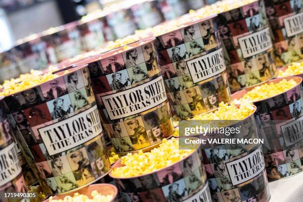 Popcorn buckets are pictured during the "Taylor Swift: The Eras Tour" concert movie world premiere at AMC The Grove in Los Angeles, California on...