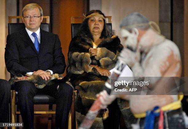 Australian Prime Minister Kevin Rudd sits with Ngambri tribe elder Matilda House-Williams , draped in a possum-fur cape, during a traditional...