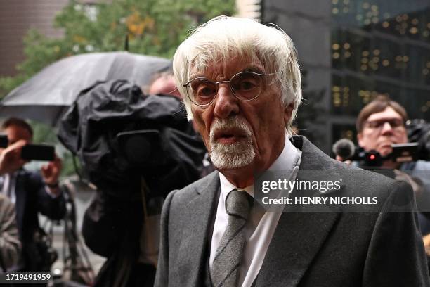 Ex-Formula One chief Bernie Ecclestone arrives at Southwark Crown Court in central London, on October 12, 2023. Former Formula One supremo Bernie...