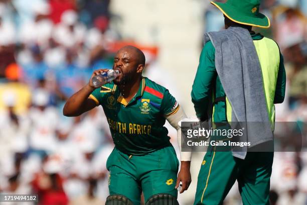 Temba Bavuma of South Africa break for a drink during the ICC Men's Cricket World Cup 2023 match between Australia and South Africa at BRSABVE...
