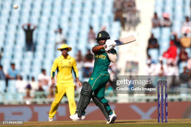 Temba Bavuma of South Africa plays a shot during the ICC Men's Cricket World Cup 2023 match between Australia and South Africa at BRSABVE Cricket...