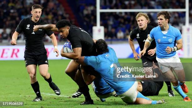 Leicester Fainga'anuku of Team New Zealand in action during the Rugby World Cup France 2023 match between New Zealand and Uruguay at Parc Olympique...
