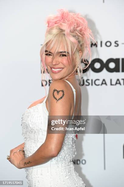 Karol G attends the 2023 Billboard Latin Music Awards at Watsco Center on October 05, 2023 in Coral Gables, Florida.