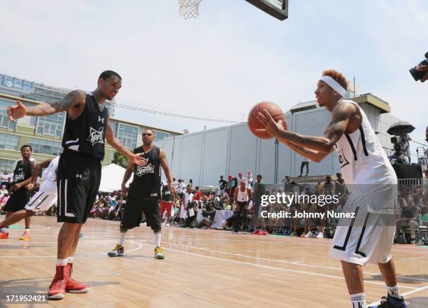 Chris Brown and Tyga attend BET Experience Celebrity Basketball Exhibition at Sprite Court on June 29, 2013 in Los Angeles, California.