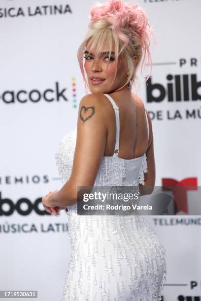 Karol G attends the 2023 Billboard Latin Music Awards at Watsco Center on October 05, 2023 in Coral Gables, Florida.