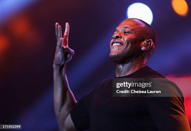 Rapper Dr. Dre performs during the Snoop Dogg, Kendrick Lamar, J.Cole, Miguel and SchoolBoyQ concert during the 2013 BET Experience at Staples Center...
