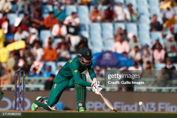 Rassie van der Dussen of South Africa plays a shot during the ICC Men's Cricket World Cup 2023 match between Australia and South Africa at BRSABVE...