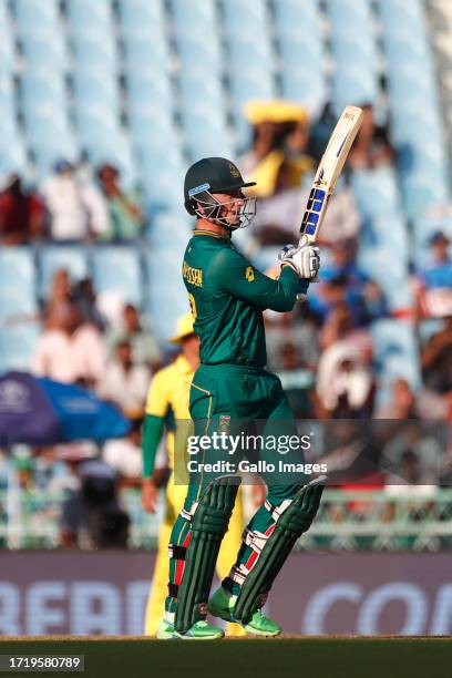 Rassie van der Dussen of South Africa plays a shot during the ICC Men's Cricket World Cup 2023 match between Australia and South Africa at BRSABVE...