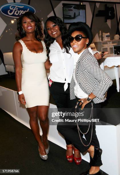 Personality Toccara Jones, singer Candice Glover and R&B Singer/songwriter Janelle Monae attend Hot Spot Room Day 2 during the 2013 BET Awards at...