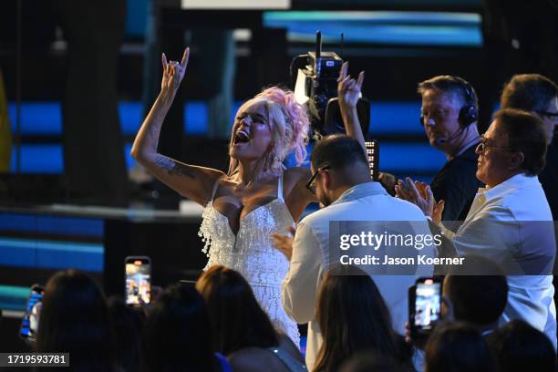 Karol G seen during the 2023 Billboard Latin Music Awards at Watsco Center on October 05, 2023 in Coral Gables, Florida.