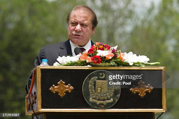 Pakistani Prime Minister Nawaz Sharif speaks during a press conference held at the Prime Minister's house with visiting British Prime Minister David...