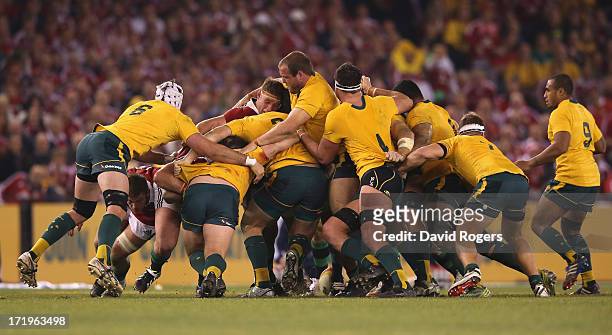 The Wallaby pack cause problems for the Lions during game two of the International Test Series between the Australian Wallabies and the British &...