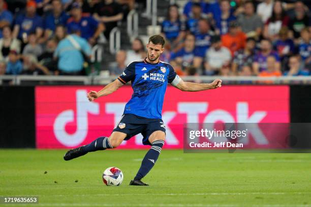 Matt Miazga of FC Cincinnati looks to pass during the first half of an MLS soccer match against the New York Red Bulls at TQL Stadium on October 04,...