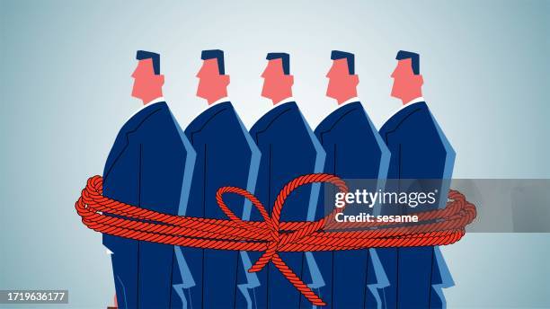 victims, bundled for marketing or consumption, punished or legally sanctioned, a group of businessmen tied up in ropes - red tape stock illustrations