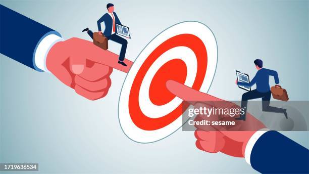 common goals and tasks, team business goals, teamwork, same mission or challenge, equidistant two businessmen running to the same bull's-eye under the guidance of their finger - stepping forward stock illustrations