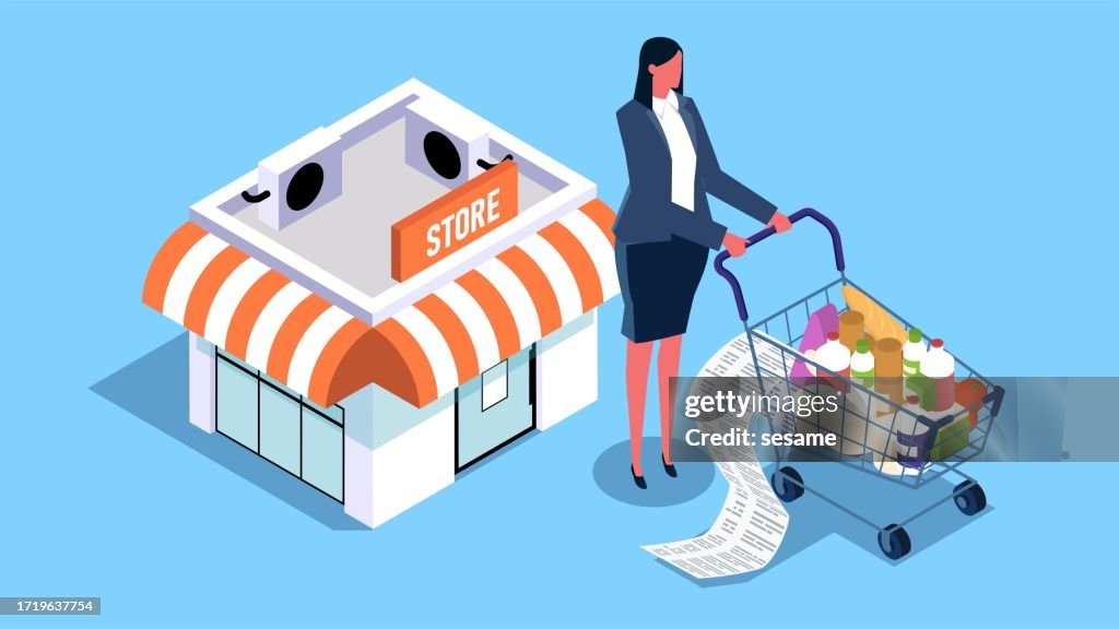 Increased cost of living, daily household shopping and expenses, household finances, isometric businesswoman pushing a shopping cart full of goods standing next to a convenience store