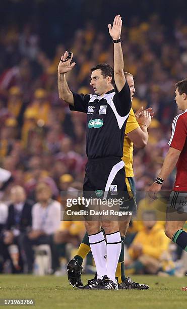 Craig Joubert, the referee awards a penalty during game two of the International Test Series between the Australian Wallabies and the British & Irish...