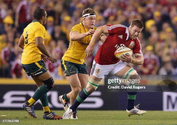 Sean O'Brien of the Lions charges upfield during game two of the International Test Series between the Australian Wallabies and the British & Irish...